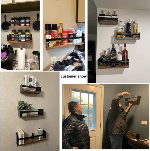Miniatura 5 de Giftgarden Juego de 3 estantes flotantes negros para pared, estante de pared grueso industrial con soporte de riel de hierro para almacenamiento