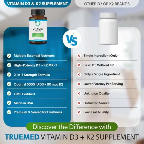 Miniatura 6 de Suplemento de vitamina D3 K2 de 5000 UI (MK-7 90 mcg) – 120 cápsulas vegetales – Suplemento de vitamina K2 D3 para apoyo óseo, corazón e