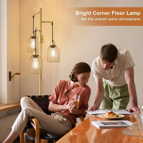 Miniatura 8 de Lámpara de Pie Regulable para Sala de Estar, Lámparas de Pie de Estilo Rústico con Elegante Jaula Colgante, 3 Bombillas LED Edison Incluidas, Luz
