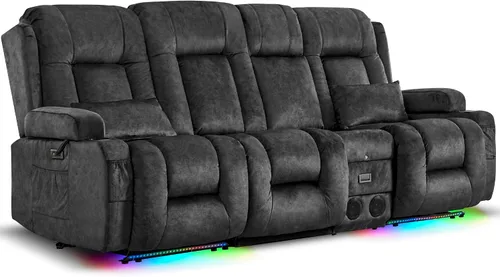 Miniatura 13 de URRED Sofá reclinable eléctrico con masaje y calor, sofá biplaza reclinable de pared con consola, sofá de casa rodante, asiento de cine en casa