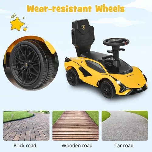 Miniatura 8 de INFANS 3 en 1 Coche carriola para empujar con licencia Lamborghini, coche a pie deslizante con control de los padres, música, faro, almacenamiento