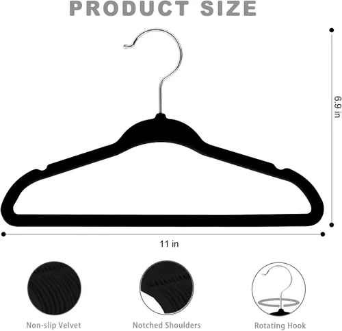 Miniatura 2 de BAGAIL - 50 perchas de terciopelo para niños, de 28 cm, perchas para ropa de niños, antideslizantes, para bebés y niños pequeños (negro)