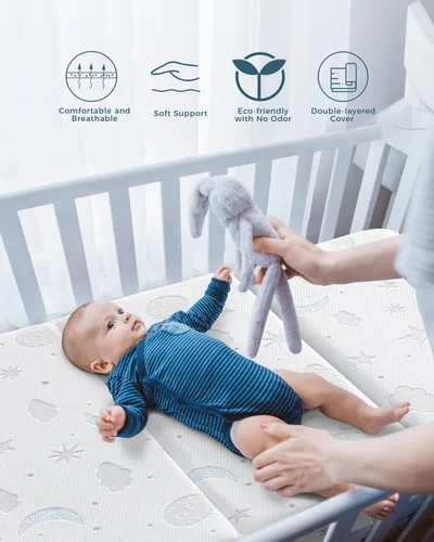 Miniatura 5 de Colchón triple de 38 x 26 pulgadas, transpirable, de felpa suave, espuma viscoelástica para bebés y niños pequeños, incluye bolsa de transporte