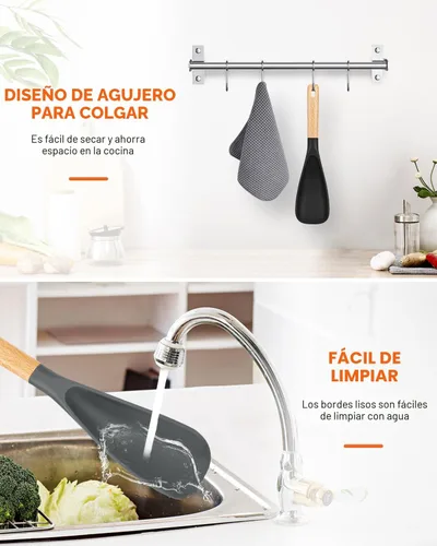 Miniatura 7 de Cuchara de cocina para utensilios de cocina antiadherentes, ideal para cocinar y servir silicona mate resistente sin BPA, cuchara con mango de Negro
