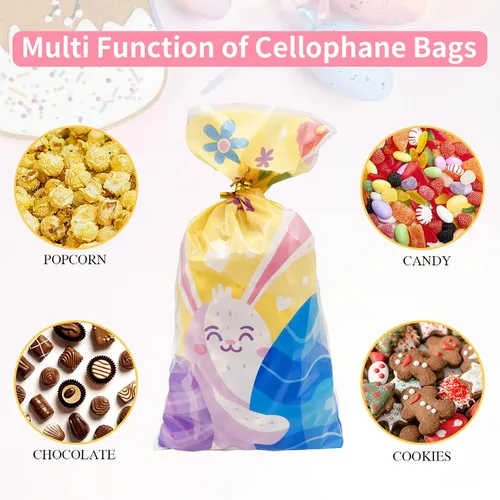Miniatura 4 de Jexila 160 bolsas de celofán de Pascua con lazos, bolsa de golosinas de conejo de Pascua para niños, bolsas de plástico para dulces