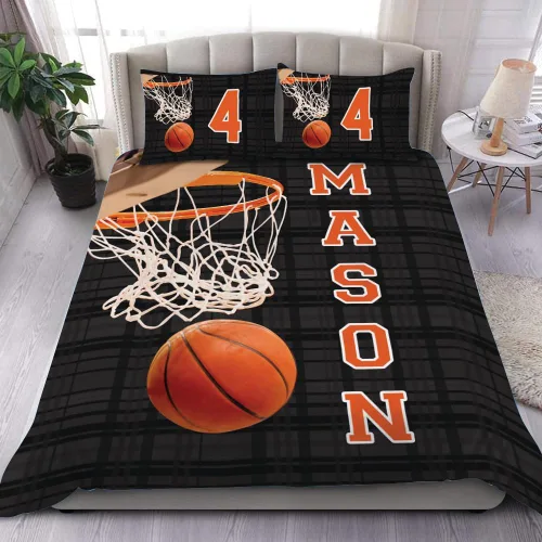 Miniatura 13 de Juego de ropa de cama personalizado de baloncesto tamaño individual, edredón deportivo personalizado con nombre y número para habitación de niños