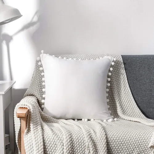 Miniatura 3 de Juego de 2 fundas de almohada decorativas con bonito pompones, funda de cojín cuadrada suave para decoración del hogar para sofá, cama
