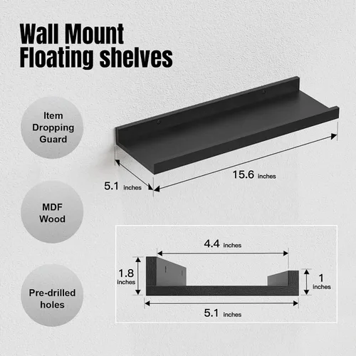 Miniatura 3 de RICHER HOUSE Juego de 3 estantes flotantes para pared, estantes negros de 16 pulgadas para montar en la pared con borde para almacenamiento, estante