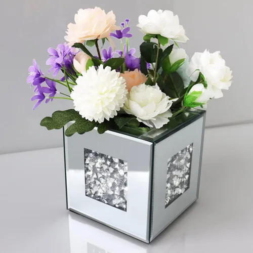 Miniatura 3 de Jarrón Espejado de Diamante Triturado 6x6x6 pulgadas de Cristal Plateado, Jarrón Decorativo Impresionante de Vidrio para Flores, Lujoso