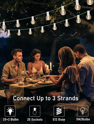 Miniatura 5 de Luces de Cadena Blancas para Exteriores de 25 Pies con 27 Bombillas Transparentes, Luces de Cadena G40 Globe para Patio Interior/Exterior, Luces