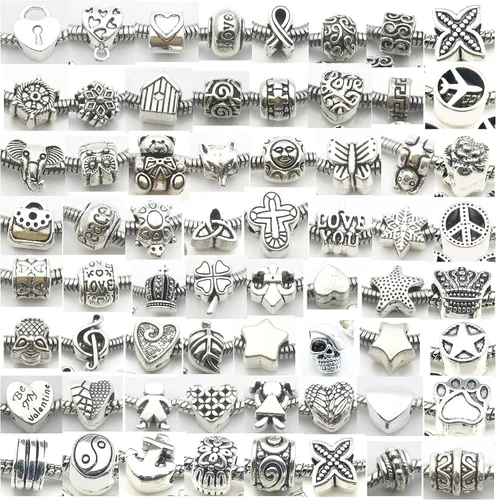 Miniatura 2 de 55 piezas surtidas de cuentas con agujeros grandes de aleación europea, cuentas con separadores metálicos para manualidades, pulseras, collares