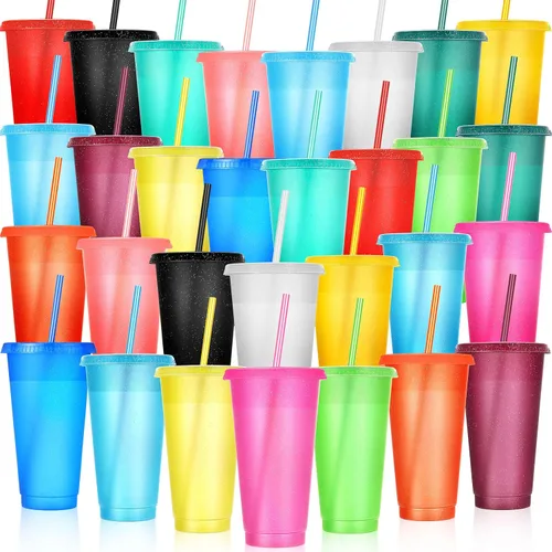 Miniatura 20 de Honeydak Paquete de 60 vasos con popote y tapa, vasos a granel para regalos, tazas de café de plástico con purpurina de 24 a 27 onzas, botella