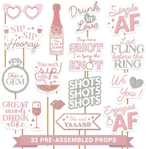 Miniatura 2 de Accesorios para cabina de fotos de despedida de soltera totalmente montados, juego de 32 letreros de oro rosa, rosa y plata, suministros