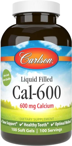 Carlson - Cal-600, 600 mg de calcio, apoyo óseo, dientes sanos y bienestar óptimo, 100 cápsulas blandas