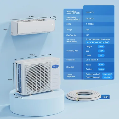 Miniatura 8 de ROVSUN - Aire acondicionado Mini Split con Wifi y sistema de calefacción, 11500 BTU, 17 SEER2, 115V, inversor, sin conductos, unidad de pared