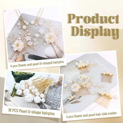 Miniatura 6 de inSowni Paquete de 26 peines laterales de boda con perlas de flores doradas+horquillas en forma de U, pasadores decorativos con diamantes
