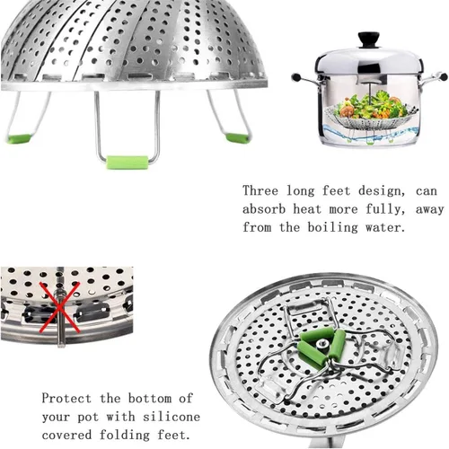 Miniatura 3 de Cesta de vapor, cesta de vapor vegetariana para cocinar de acero inoxidable plegable para verduras con mango central extraíble extensible extensible