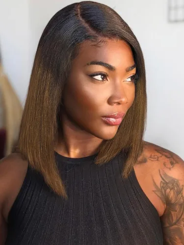 Miniatura 24 de KLAIYI Peluca de cabello humano con encaje frontal precortada 7x5, corte Bob en capas, corte romo, cordón sin pegamento, peluca predepilada