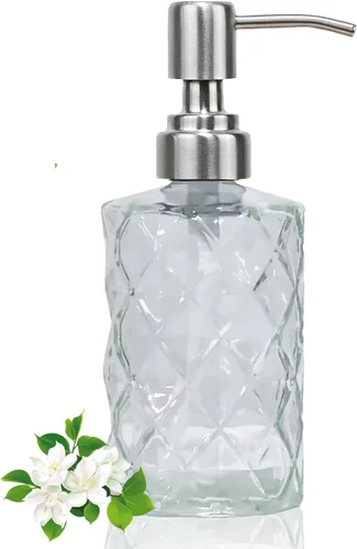 Miniatura 17 de Dispensador de jabón verde de 14 onzas para baño, paquete de 2, dispensadores de jabón de manos de vidrio transparente con bomba de acero