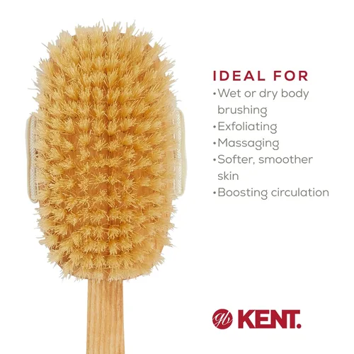 Miniatura 6 de Kent FD3 Cepillo exfoliante corporal de madera de haya de lujo con cerdas blancas 100% puras. Mango largo con cabeza desmontable, espalda