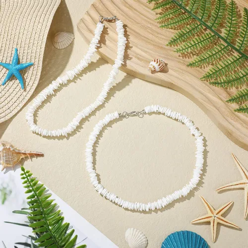 Miniatura 6 de Funtery 6 piezas de collar de concha de puka blanca, collar hawaiano de conchas marinas, collares de playa, collar de surfista con 6 cadenas
