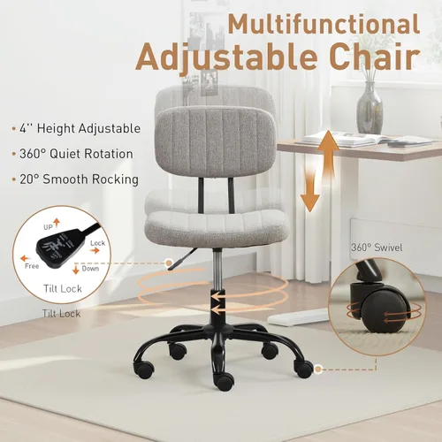 Miniatura 5 de DRMBOOK Silla pequeña de escritorio para oficina en casa con ruedas, cómoda silla de tocador sin brazos, silla giratoria para computadora, sin Tela