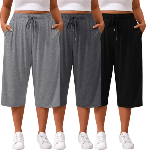 Miniatura 15 de Paquete de 3 pantalones capri de talla grande para mujer, ajuste holgado, pierna ancha, pantalones recortados para yoga, descanso, entrenamiento