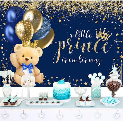 Miniatura 2 de Mocsicka Telón de fondo de oso con corona real para niños, baby shower, globo azul marino de oso real, un principito está en su camino, fondo