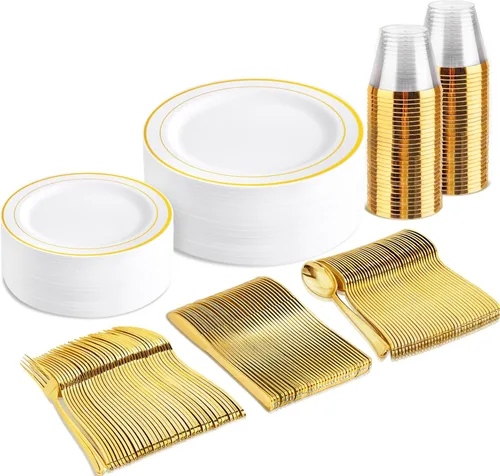 bUCLA Juego de vajilla de plástico dorado desechable de 150 piezas, platos dorados resistentes que incluyen 25 platos de cena y 25 platos de postre,