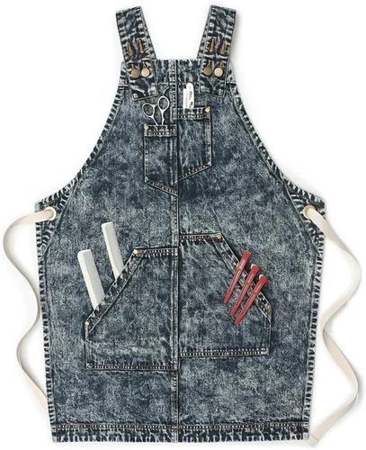 Miniatura 11 de Jeanerlor - Delantal de mezclilla con 4 bolsillos para mujeres y hombres - Estilo lavado correas cruzadas en la espalda y ajustable S a XXXL, Azul