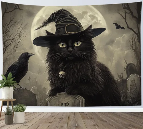 Miniatura 25 de EOBTAIN Scary Halloween Tapestry Gothic Black Crow Skull in Horror Graveyard Tapestry Wall Hanging Spooky Raven under Misty Full Moon Night Wall Art