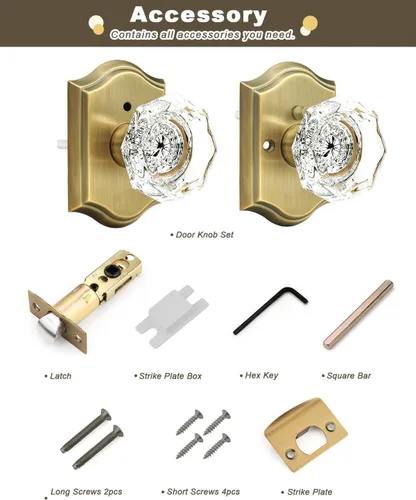 Miniatura 7 de Gobrico Juego de pomos de puerta de vidrio transparente para interiores, cerradura de puerta de cristal de diamante de privacidad en latón antiguo