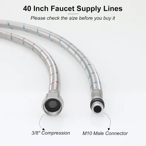 Miniatura 2 de Líneas de suministro de grifo de 40 pulgadas de longitud, 3/8 pulgadas Comp x M10 macho conector macho de acero inoxidable trenzado, extensión