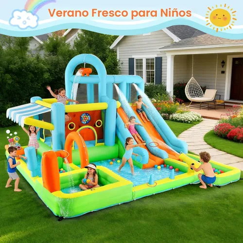 Miniatura 3 de JOYLDIAS Casa inflable de rebote para niños, parque acuático inflable de lujo resistente con toboganes dobles, pared de escalada, piscina y toldo