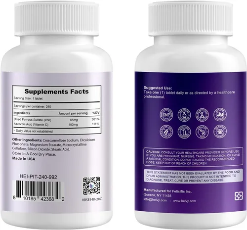 Miniatura 2 de Heivy Sulfato ferroso 325 mg, hierro 65 mg, hierro con vitamina C – Suplemento de hierro de alta potencia para mujeres y hombres – Ingredientes