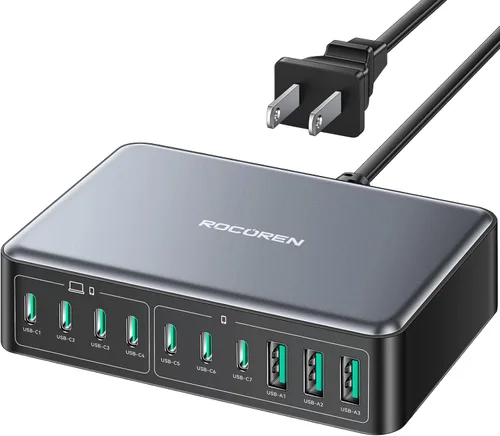 Bloque de cargador USB C de 480W, Rocoren estación de carga USB C de 10 puertos para múltiples dispositivos, PD 100W tipo C GaN estación de carga