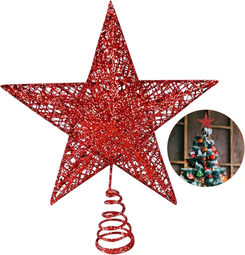 Estrella para la punta del árbol de Navidad, estrella metálica para la punta del árbol de Navidad, decoración navideña con purpurina, estrella para