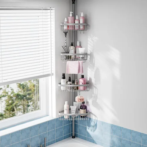 Miniatura 9 de Organizador de Ducha de Esquina con Poste de Tensión: Organizador de Ducha de Acero Inoxidable Antioxidante de 4 Niveles - Estantes de Baño