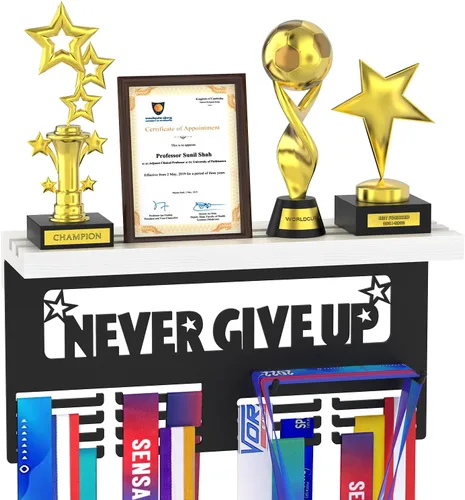 Miniatura 15 de Soporte para Medallas y Organizador de Estante para Trofeos, Soporte Robusto de Madera para Premios de Carreras con 25 Ganchos de Acero, Soporte