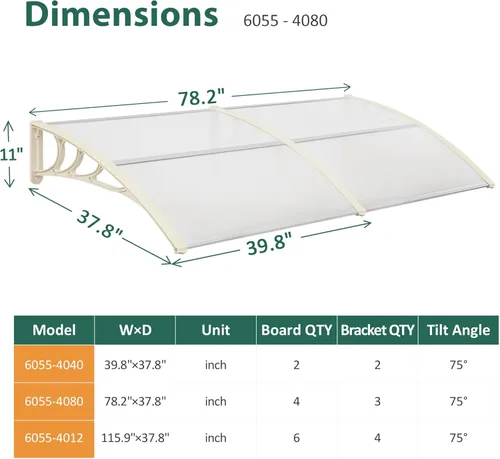 Miniatura 4 de MCombo - Toldo de policarbonato para ventana de exterior de 78.2 pulgadas, lámina hueca, toldo para puerta de patio