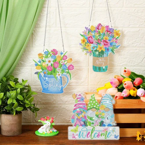 Miniatura 2 de Threehoney Kit de 3 piezas de corona de pintura de diamantes de primavera, tulipán, flor, gnomo, arte de diamante, corona colgante, adornos