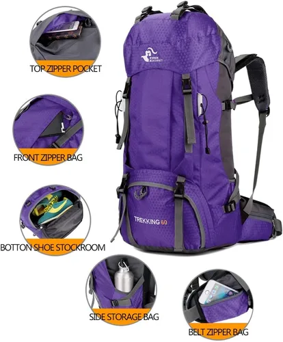 Miniatura 3 de Bseash Mochila impermeable de 60 L para senderismo y campamento con cubierta para lluvia, mochila grande para deportes al aire libre, mochila