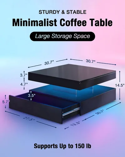 Miniatura 2 de FKWin Mesas de centro negras para sala de estar, mesa de centro LED con luces, moderna mesa de centro negra con superficie de alto brillo, mesa