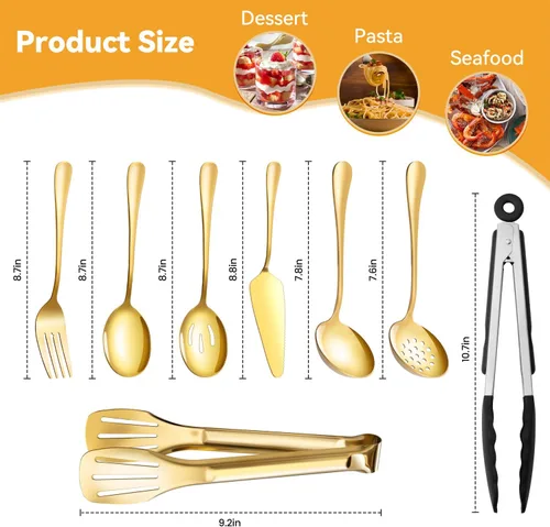 Miniatura 2 de Juego de utensilios de servir dorados para fiestas, cucharas grandes de servir de acero inoxidable, cucharas ranuradas, tenedores, pinzas, cucharas
