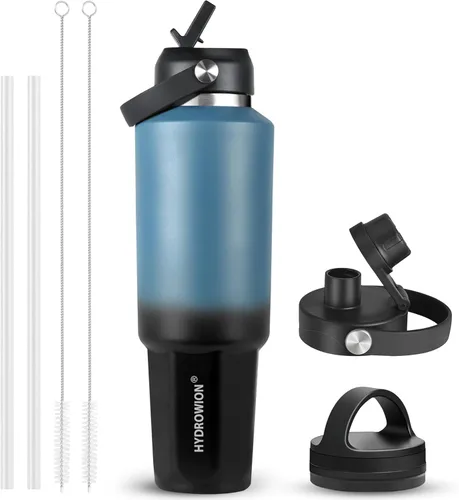 Miniatura 46 de HYDROWION Botella de agua de acero inoxidable, 32 onzas, boca ancha, doble pared, aislada al vacío, con tapa de pajilla, tapa de boquilla y tapa