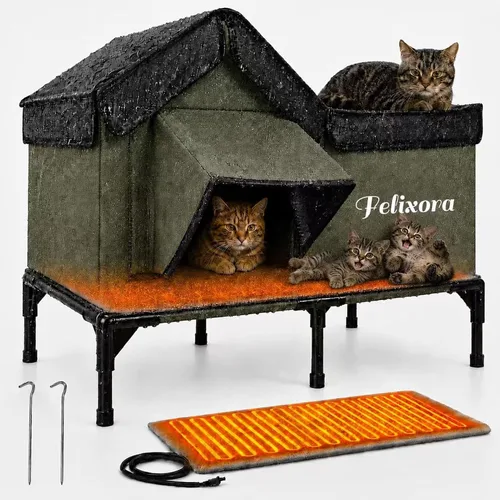 Casa climatizada para gatos para exteriores, refugio de invierno aislado a la intemperie con base elevada y ventana transparente, puerta de escape