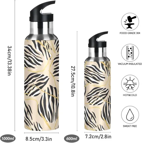 Miniatura 2 de Zebra Stripes Beige Insulated Stainless Steel Water Bottle with Straw 32 Oz Leakproof Water Bottles, BPA-Free Sports Water Bottle