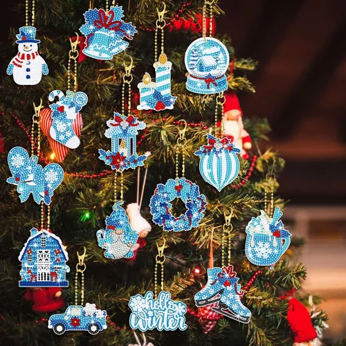 Miniatura 2 de BBTO 15 piezas de llavero de pintura de diamante de Navidad adornos de arte de diamantes de invierno muñeco de nieve, guantes de invierno