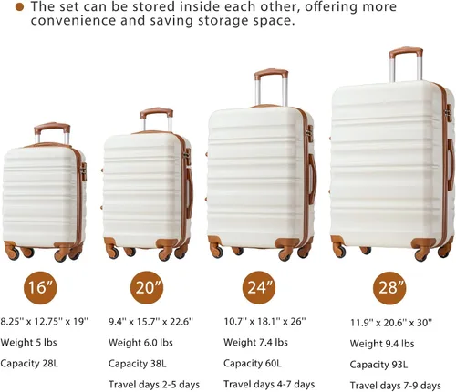 Miniatura 7 de LONG VACATION Juego de equipaje de 4 piezas de ABS hardshell TSA Lock Spinner Ruedas equipaje de mano en maleta, Blanco (White-Brown), Abs Hardshell
