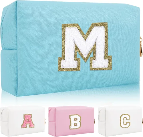 Miniatura 33 de Bolsa de maquillaje con parche de letra inicial personalizada, bolsa de cosméticos de chenilla preppy con letra de chenilla con cremallera, Y